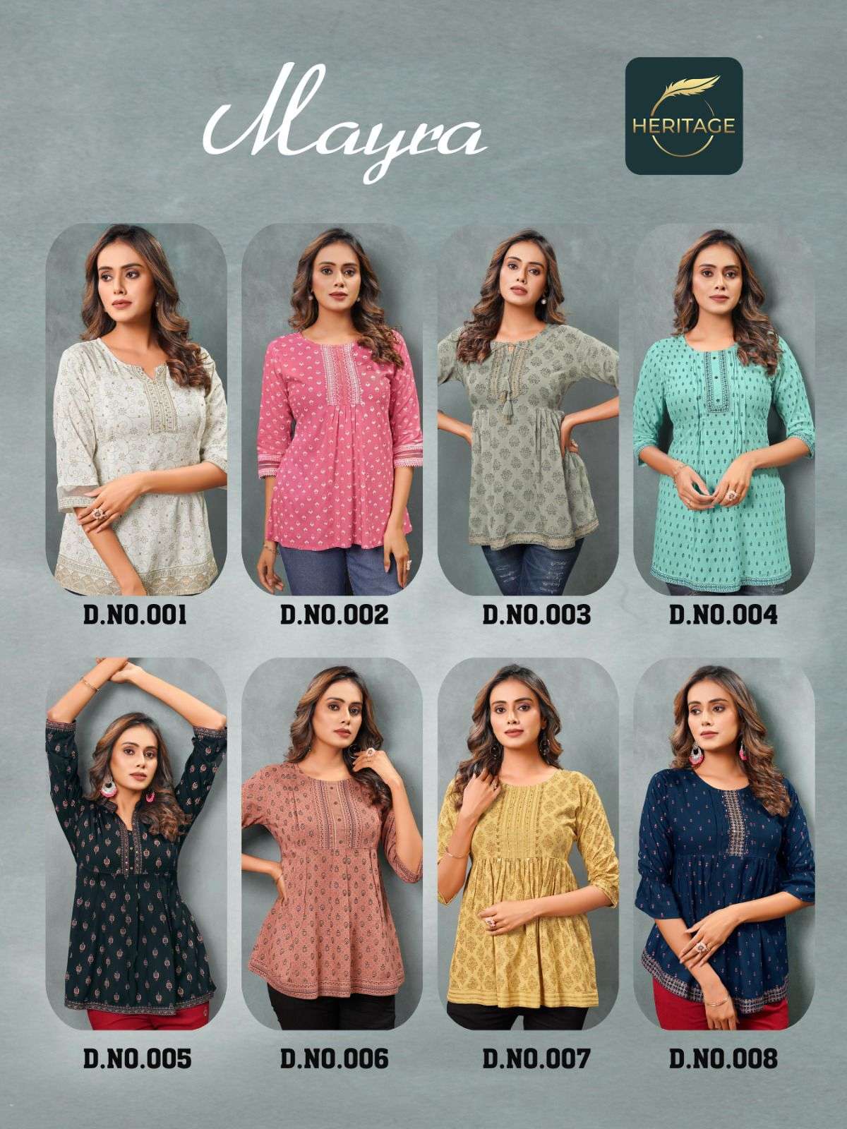 MAYRA RAYON SLUB DESIGNER SHORT KURTAS WITH STYLISH PRINTS ANDHANDWORK BY HARITAGE BRAND INDEX